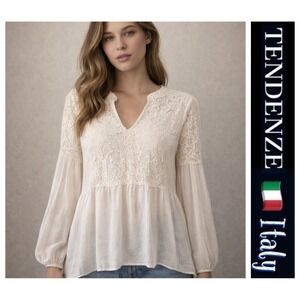Tendenze Italian Silk Cream Romantic Victorian Cottagecore Tunic Top L